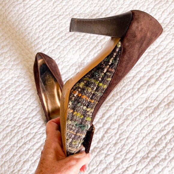 Coach Naomi Tweed Boucle  Plaid Suede Brown Velvet Bow Heels - Picture 10 of 12